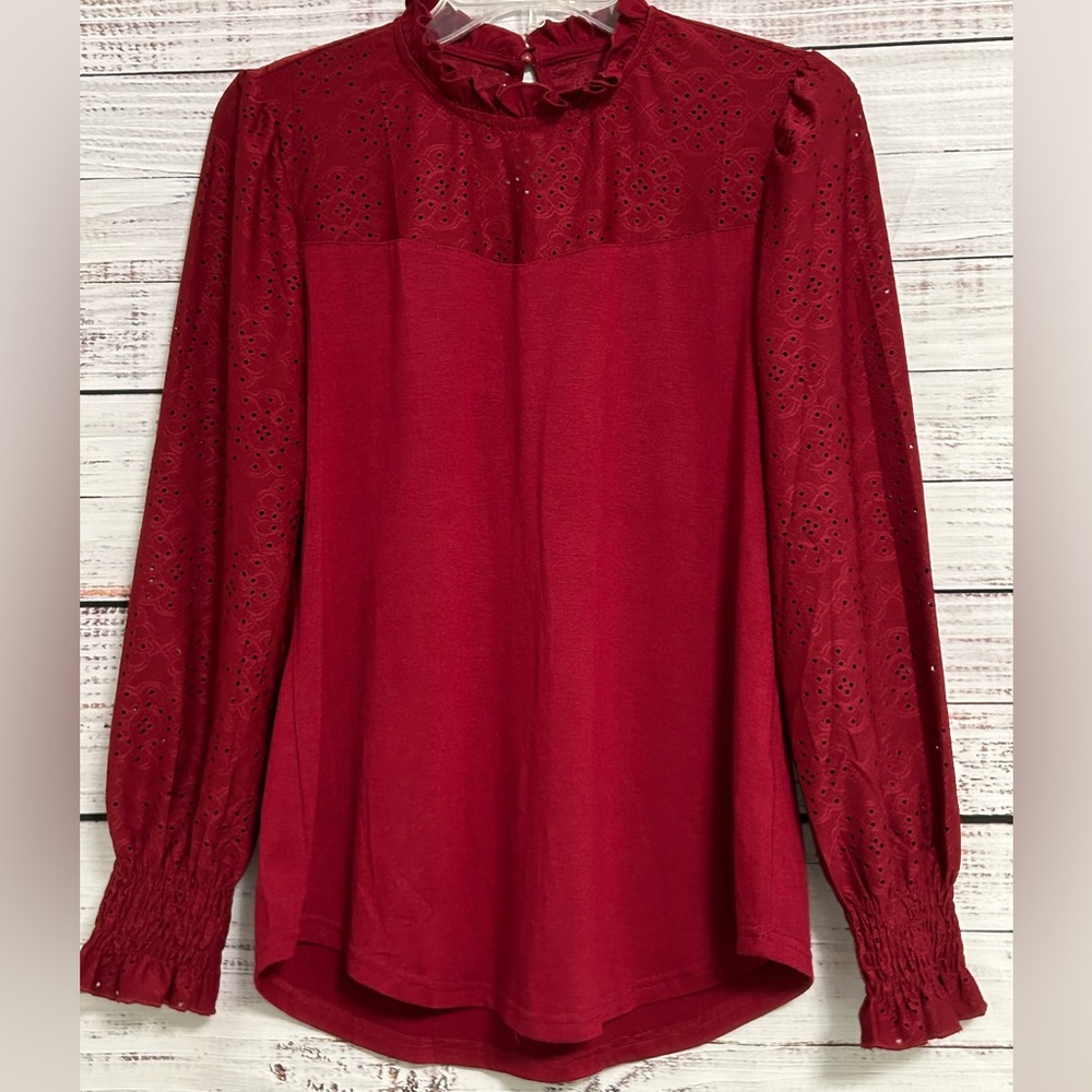 Embroidered Eyelet Blouse | Dark Red | Women’s Medium